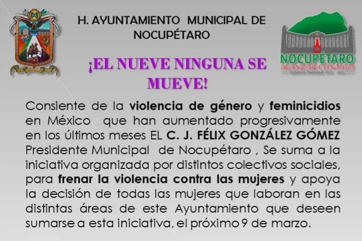 El Ayuntamiento de Nocupétaro se une al paro nacional Un Día Sin Mujeres