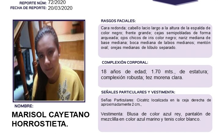 Pedimos tu apoyo para la localización de Marisol Cayetano Horrostieta, oriunda de Tacupa del municipio de San Lucas