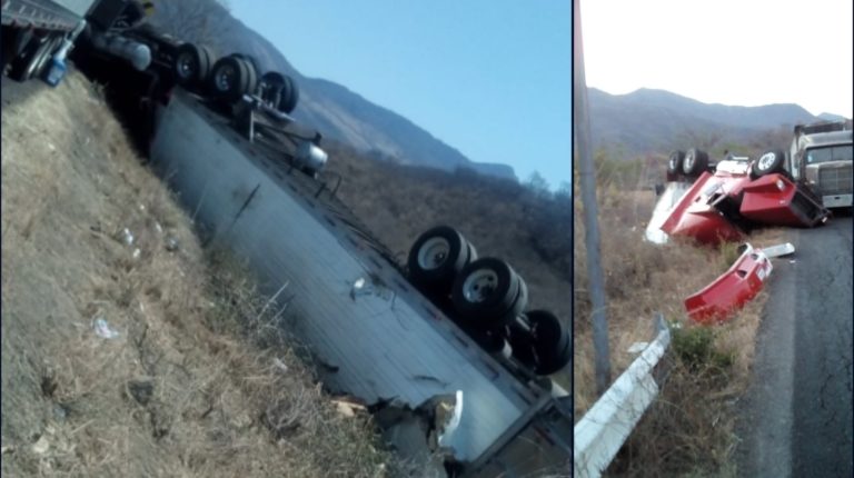 Tráiler se sale de la cinta asfáltica en la carretera Huetamo a Tiquicheo