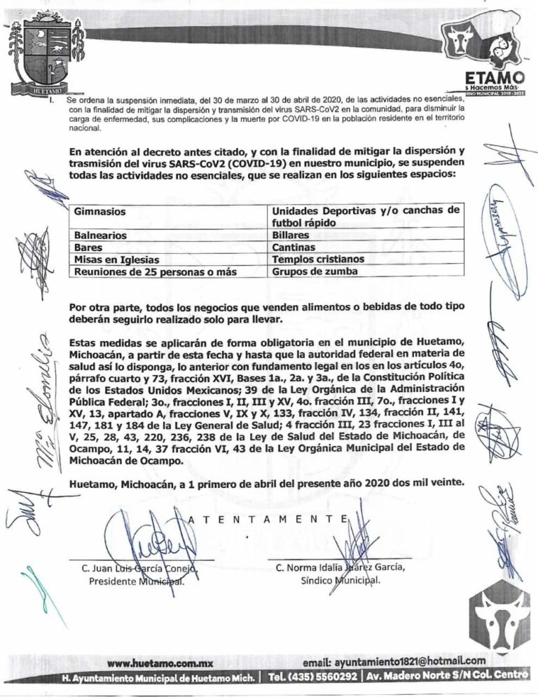El municipio de Huetamo se empareja en disposiciones con el Estado y la Federación por Covid-19