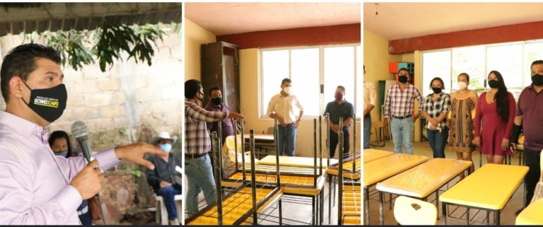 Octavio Ocampo y alcalde de Benito Juárez entregan mobiliario a escuelas