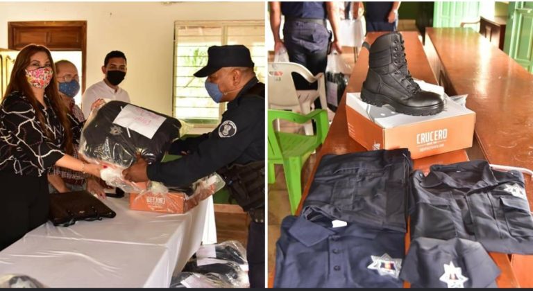 Hortencia Sánchez entrega uniformes a los elementos de la Policía Municipal de Tiquicheo