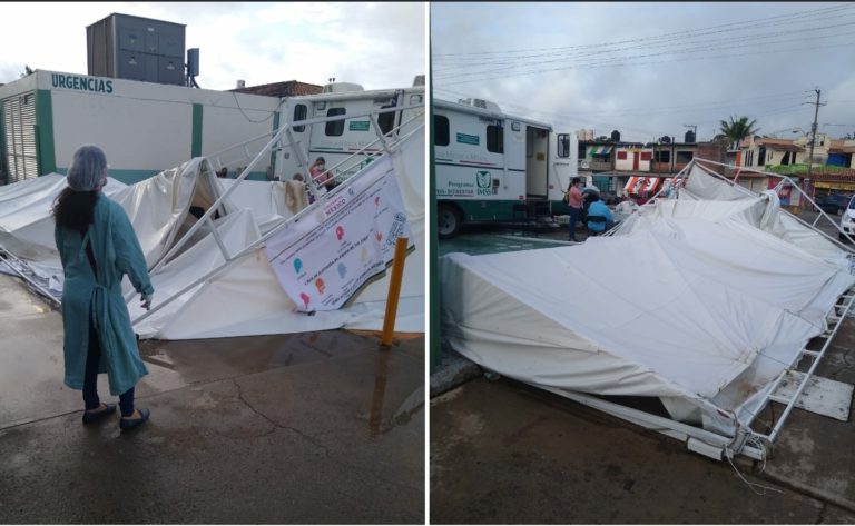 El viento y la lluvia tiran lona y estructura del filtro sanitario en el exterior del COPLAMAR