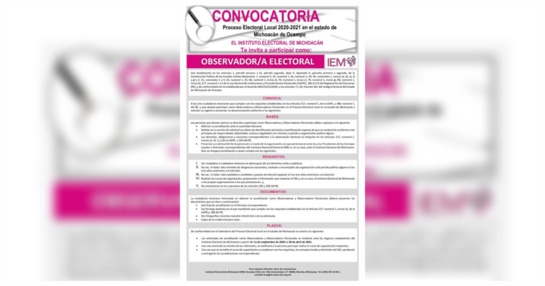 Invita el INE y el IEM a participar como observadora u observador electoral para las elecciones de 2021