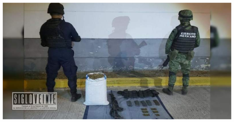 Aseguran en San Lucas SSP y la SEDENA un arma, 55 cartuchos útiles y 5.4 kilos de marihuana