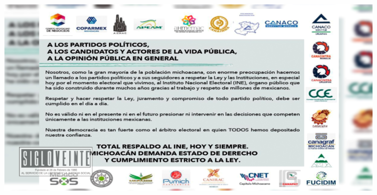Cámaras empresariales de Michoacán manifiestan su respaldo total al INE