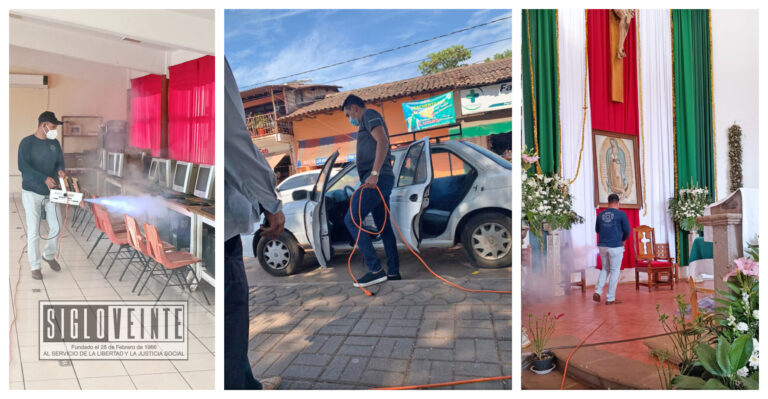 Ayuntamiento de Tiquicheo desinfecta escuelas, comercios, oficinas, el mercado, unidades de trasporte público y la parroquia