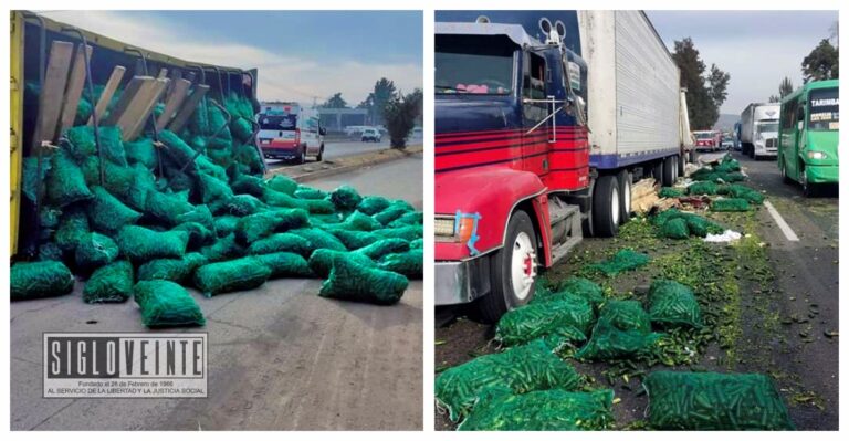 Camión vuelca con costales de chiles en la carretera Morelia-Salamanca