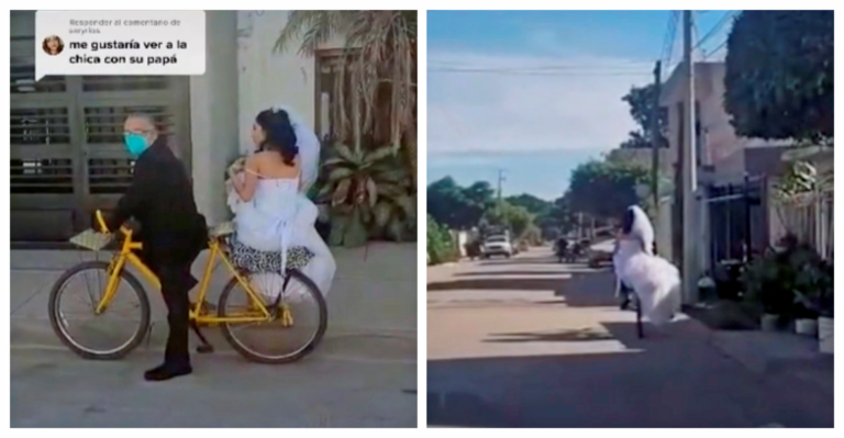 Tierno padre lleva a su hija al altar en bici y se hace viral
