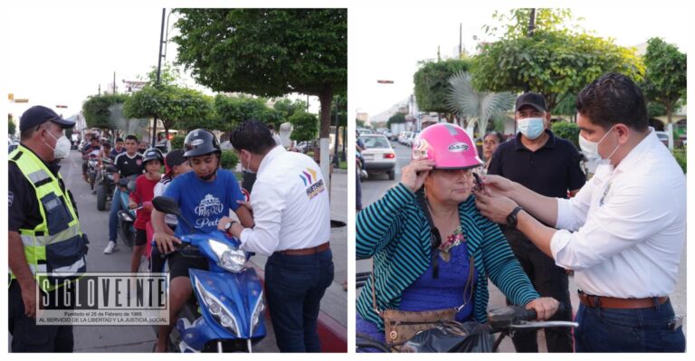 Pablo Varona regala otros 100 cascos de seguridad, invita a los motociclistas a que su uso sea permanente y no solo cuando haya operativos