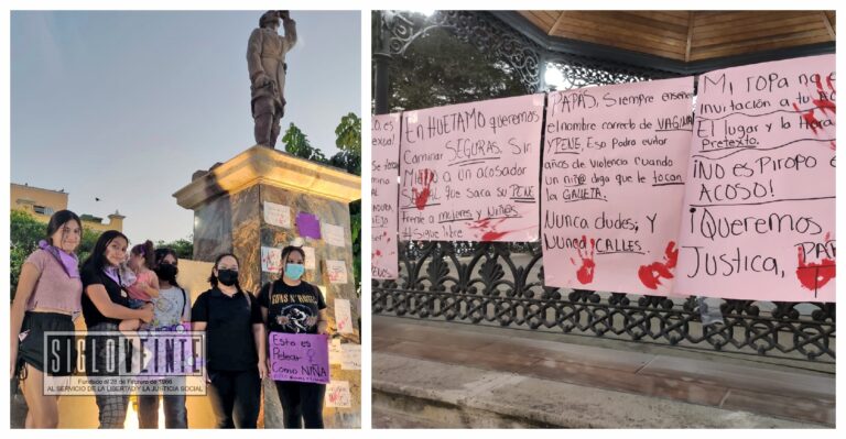 En el 8M, el colectivo feminista Hermandad Huetamo instala tendero del acoso en el jardín principal
