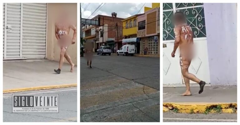Hombre semidesnudo camina por las calles de Zacapu, traía pintado el cuerpo con mensajes que lo acusaban de ladrón