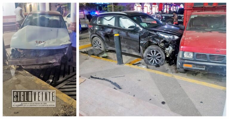 Joven alcoholizado provoca choque con un taxi y camioneta en el jardín principal de Huetamo