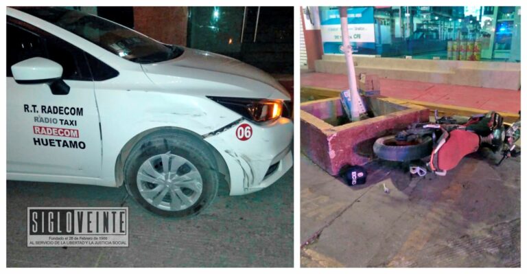Otro accidente en el centro de Huetamo, motociclista choca con taxi y resulta lesionado