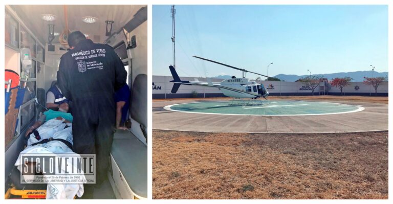 Realizan traslado aéreo al Hospital Civil de Morelia del joven que resultó lesionado esta mañana en la Avenida Madero Norte de Huetamo