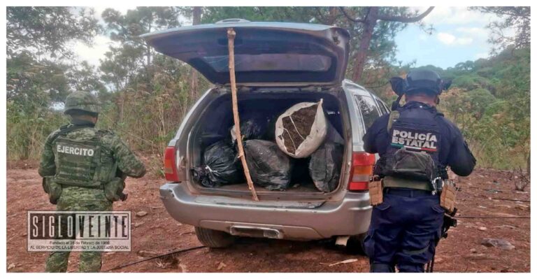 En Tuzantla, elementos de la Policía Michoacán y la SEDENA aseguran marihuana y vehículo con blindaje