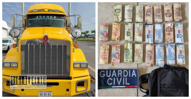 Fueron detenidos dos personas en posesión de 780 mil pesos, al parecer ilícitos, además de un tractocamión en el que se transportaban los implicados