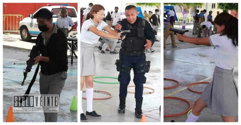 Policías iban a dar plática sobre prevención de adicciones y terminan enseñando a usar armas reales a los alumnos