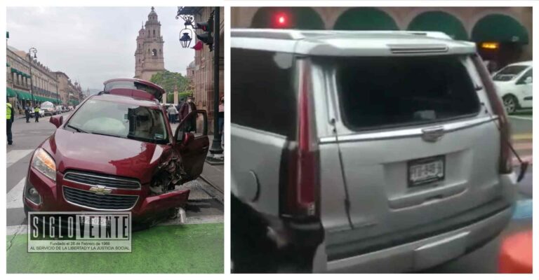 Ebrio conductor provoca aparatoso accidente vehicular en el centro de Morelia, a una cuadra de la Catedral