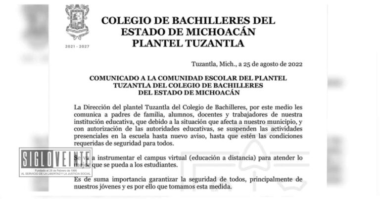 Por la ola de violencia en el municipio, el COBAEM plantel Tuzantla suspende clases hasta nuevo aviso