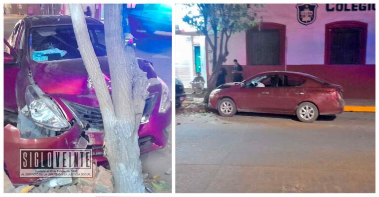 Choca vehículo con un árbol en la Avenida Madero Sur de Huetamo, de los 5 ocupantes solo hay una lesionada
