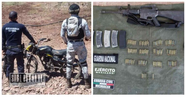 La SSP, SEDENA y GN aseguran armamento y motocicleta abandonada en Churumuco