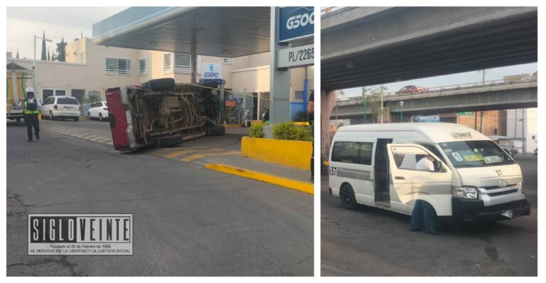 En Morelia, combi del servicio público choca con camioneta que termina dentro de una gasolinera