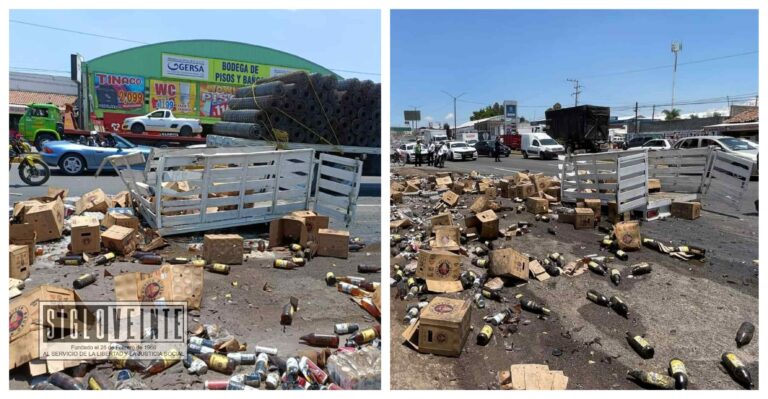 Vuelca camioneta con decenas de cartones de cerveza en los límites de Morelia y Tarímbaro