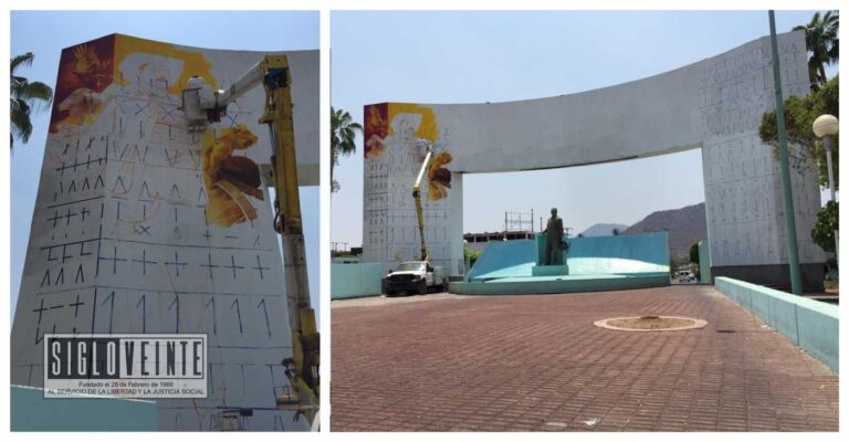 Hafid Álvarez comienza a pintar el mural Arco de la Glorieta a los Héroes en Ciudad Altamirano