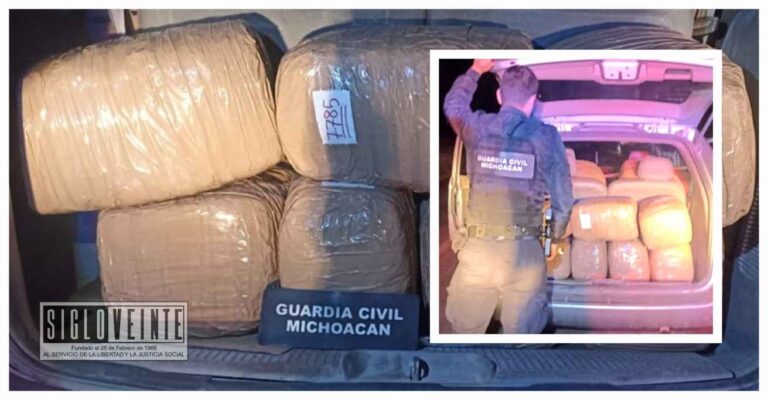 Guardia Civil asegura más de 20 kilos de marihuana en la carretera Acuitzio-Villa Madero