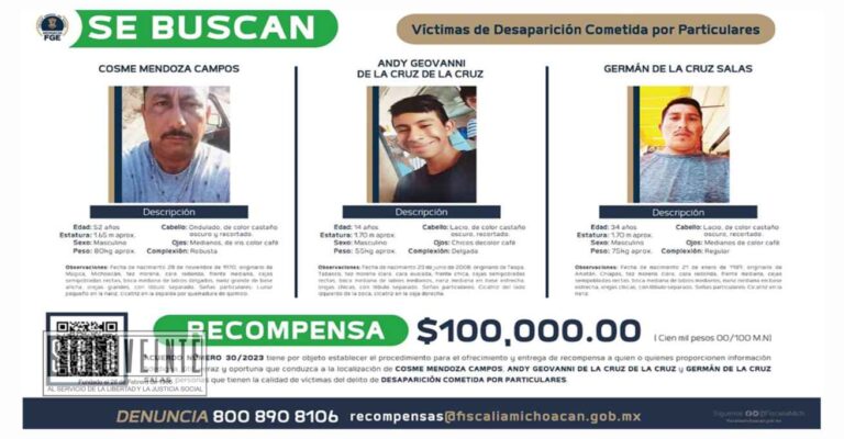 Ofrece la FGE recompensa para localizar a tres personas víctimas de desaparición cometida por particulares