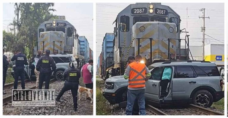 Imprudente conductor de camioneta trató de ganarle el paso al tren en Morelia, pero fue arrastrado por casi 30 metros