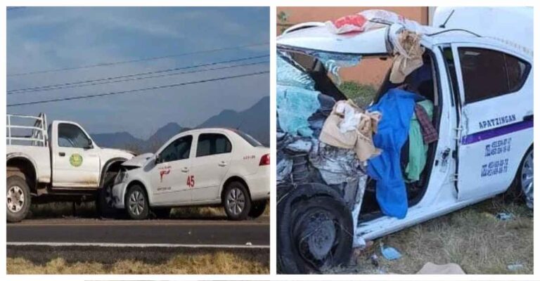 Brutal choque entre dos taxis y un vehículo en la carretera Apatzingán-Aguililla, deja 3 muertos y 4 heridos