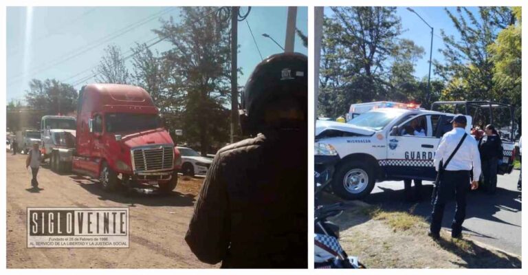 Incidente vial en Morelia deja a cuatro oficiales heridos tras colisión entre tractocamión y patrulla de la Guardia Civil