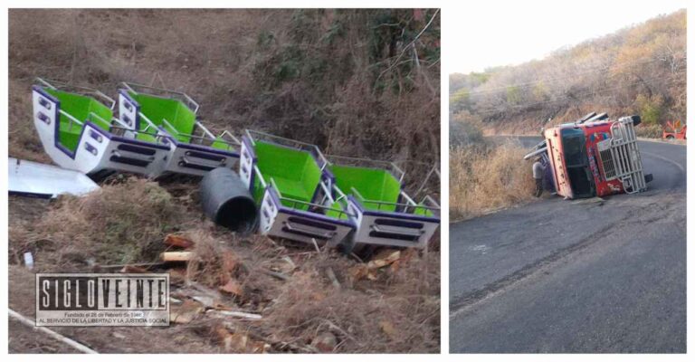 Vuelca tráiler con juego mecánico en la carretera federal 51 Huetamo-Ciudad Altamirano