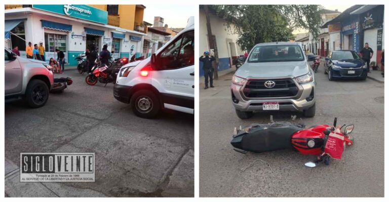 Incidente vial en el centro de Huetamo involucra a motocicleta y camioneta,