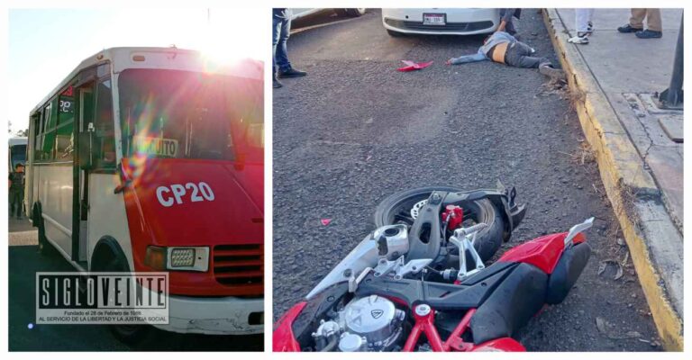 Joven motociclista se lesiona tras colisión con camión de transporte público entre la Terminal de Autobuses y el Estadio Morelos de la ciudad de Morelia