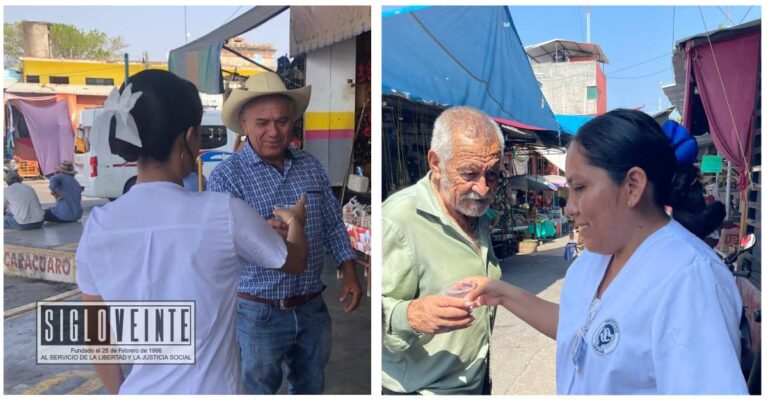 Personal médico y de enfermería recorre mercados y pasillos de la central camionera de Huetamo, en campaña de hidratación oral para evitar afectaciones por calor