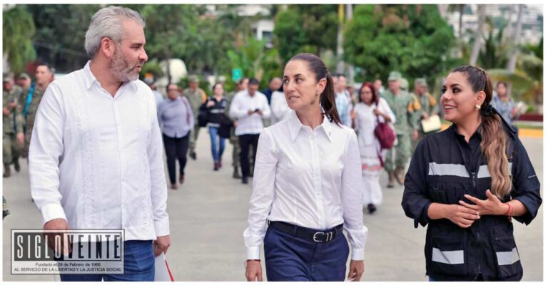 Ramírez Bedolla informa a la presidenta de México Claudia Sheinbaum afectaciones en carreteras, escuelas y viviendas por huracán John en la región de Tierra Caliente