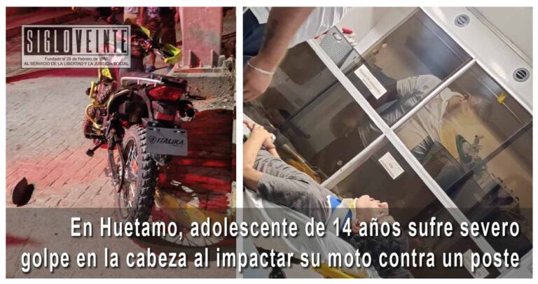 En Huetamo, adolescente de 14 años sufre severo golpe en la cabeza al impactar su moto contra un poste
