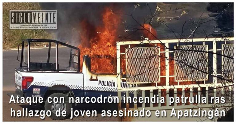 Ataque con narcodrón incendia patrulla tras hallazgo de joven asesinado en Apatzingán