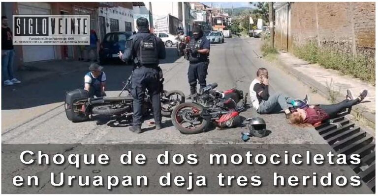 Choque de dos motocicletas en Uruapan deja tres heridos