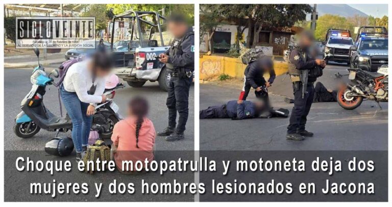 Choque entre motopatrulla y motoneta deja dos mujeres y dos hombres lesionados en Jacona