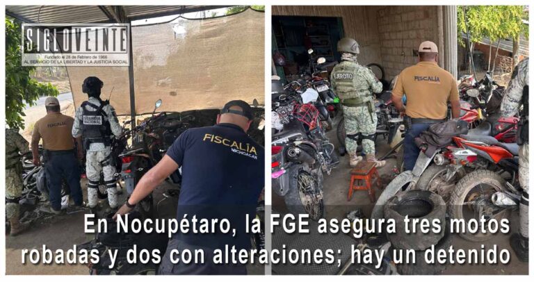 En Nocupétaro, la FGE asegura tres motos robadas y dos con alteraciones; hay un detenido