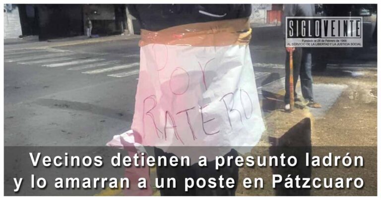 Vecinos detienen a presunto ladrón y lo amarran a un poste en Pátzcuaro