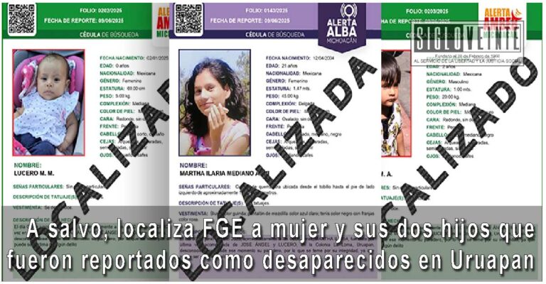 A salvo, localiza FGE a mujer y sus dos hijos que fueron reportados como desaparecidos en Uruapan