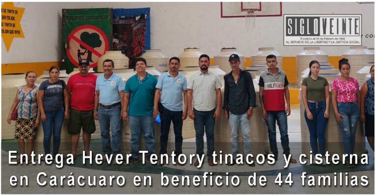 Entrega Hever Tentory tinacos y cisterna en Carácuaro en beneficio de 44 familias