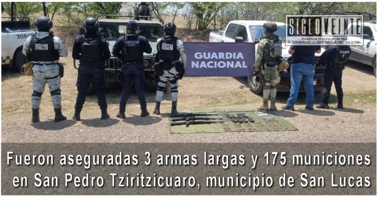 Fueron aseguradas 3 armas largas y 175 municiones en San Pedro Tziritzícuaro, municipio de San Lucas