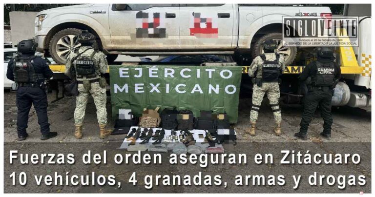 Fuerzas del orden aseguran en Zitácuaro 10 vehículos, 4 granadas, armas y drogas