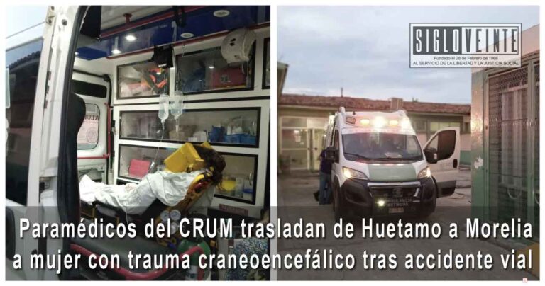 Paramédicos del CRUM trasladan de Huetamo a Morelia a mujer con trauma craneoencefálico tras accidente vial